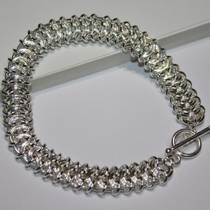 Bracelet-Flat Vertebrae Chainmaille Bracelet-Sterling Silver Chainmaille Bracelet-Chainmail Bracelet-Woven Intertwined Jump Rings-Toggle