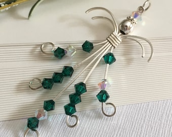 Sterling Silver Angel Pendant: Emerald Green Swarovski Crystal Beaded