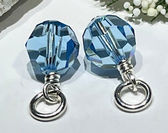 2 Charms - Aquamarine Blue Swarovski Crystal Hoop Charm Dangles-Interchangeable-Changeable Hoop Charms-Earring Charms-March Birthstone Charm