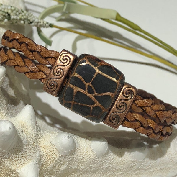 Bracelet-Double 5mm Braided Brown Leather Crackled Ceramic Focal Bead Copper Bar Spacers and a Hammered Antique Copper Magnetic Clasp-Cuff