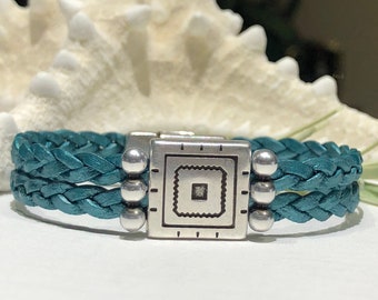 Bracelet-Metallic Teal Double Strand Braided Flat Leather Cuff With Square Silver Focal Magnetic Clasp-Teal Blue and Silver Boho Jewelry-Her