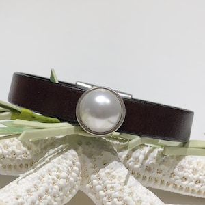White Pearl Leather Cuff Bracelet: Dark Brown Boho Magnetic Clasp