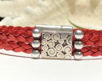 Red Braided Leather Bracelet: Silver Swirl Focal, Boho Cuff - 7"