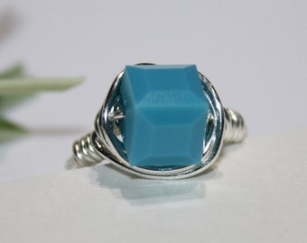 Ring Size 6 - Turquoise Wire Wrapped-Swarovski Crystal Cube-Silver and Turquoise Ring-Cube on a Diagonal Ring-Sterling Silver-Bird Nest Ring
