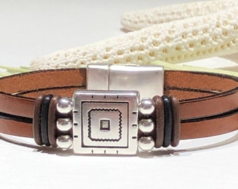 Cognac Brown Leather Bracelet: Antiqued Silver Geometric Boho Jewelry