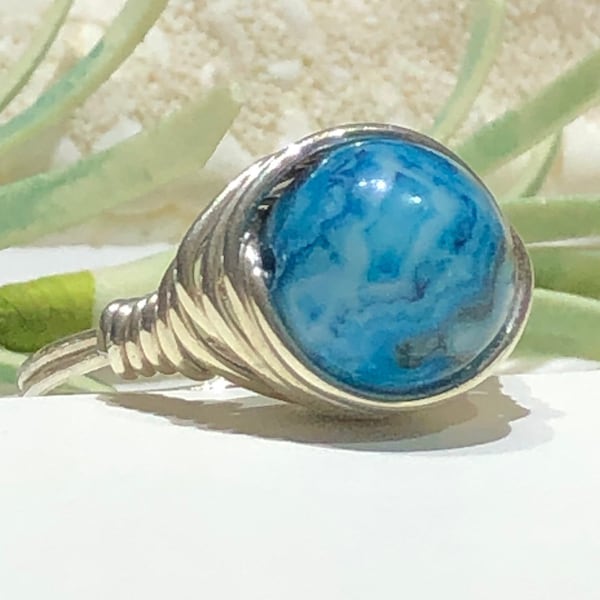 Ring Size 7 - Blue Crazy Lace Agate Gemstone Ring-Wire Wrapped in Sterling Silver Bird Nest Style-Gemstone Ring Size 7-Varying Shade of Blue