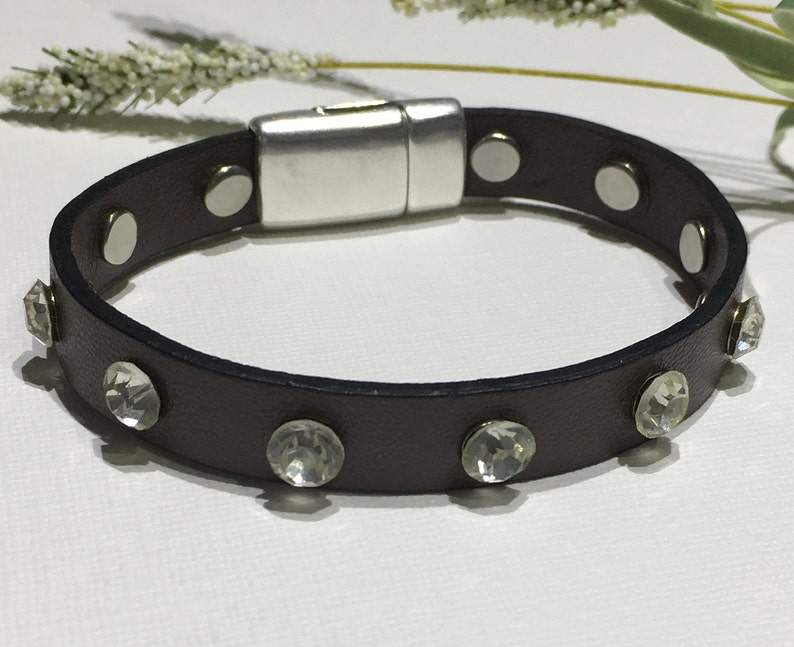 Braceletvegan Leather Cuff10mm Dark Brown Vegan Leather With Crystal