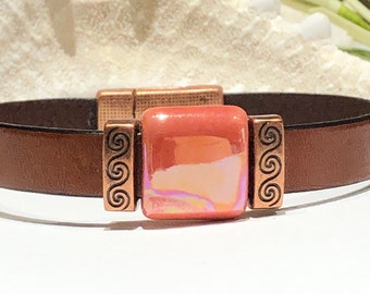 Bracelet-Clay Red Ceramic Square Copper Swirl Bars on 10mm Flat Leather-Southwestern Magnetic Clasp-Boho Leather Jewelry-Boho Layering Cuff