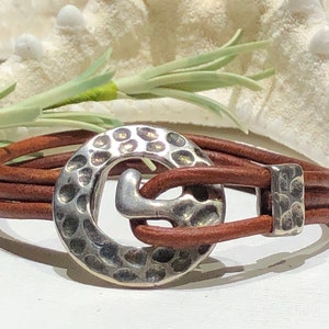Bracelet -Triple Round Cord Leather Bracelet With Round Hammered Hook Over Clasp-Layering Bracelet-Boho Bohemian Jewelry-Round Cord Bracelet