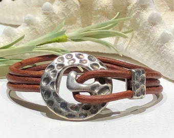 Bracelet -Triple Round Cord Leather Bracelet With Round Hammered Hook Over Clasp-Layering Bracelet-Boho Bohemian Jewelry-Round Cord Bracelet