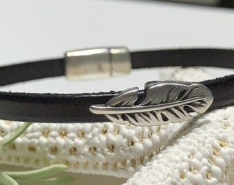 Bracelet - Mini Feather Focal on Dark Brown Flat Leather Magnetic Clasp-Unisex 5mm Flat Leather Bracelet-Minimalist Jewelry-Small Feather