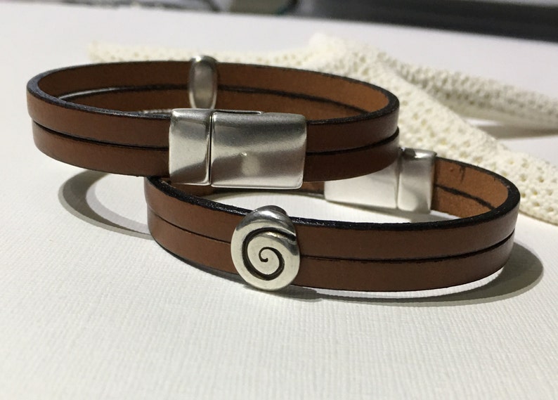 Braceletdouble Strand Brown Flat Leather Cuff With Sea Shell Etsy