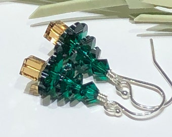 Earrings - Christmas Tree Earrings-Holiday Tree Earrings-Green Christmas Tree Earrings-Swarovski Tree Earrings-Short Drop Dangle Earrings