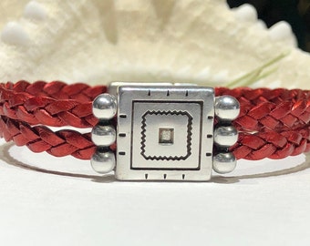 Red Braided Leather Cuff Bracelet: Silver Geometric Slider, Boho Jewelry