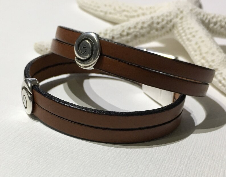 Braceletdouble Strand Brown Flat Leather Cuff With Sea Shell Etsy