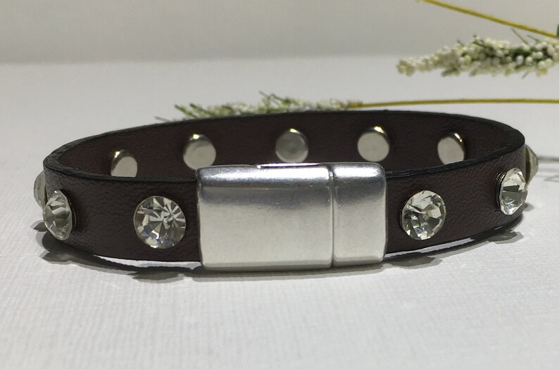 Braceletvegan Leather Cuff10mm Dark Brown Vegan Leather With Crystal