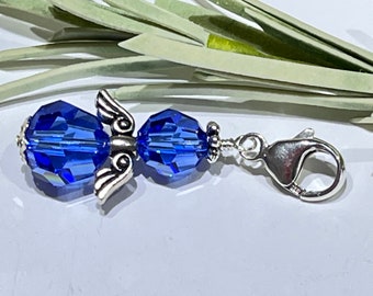 Blue Sapphire Angel Charm Dangle September-Sapphire Blue Charm-Swarovski Crystal Charm-Birthstone-Birthday-Guardian Angel Birthday Charm