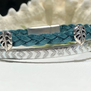 Bracelet - Double Strand Flat Leather Cuff-Teal Braided Flat Leather Mixed With Metallic Silver and White Flat Leather-Small Leaf Focal-7&quot;