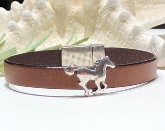 Bracelet - Running Horse Slider Focal on 10mm Brown Flat Leather With Southwestern Design Magnetic Clasp-Equestrian Bracelet-Horse Lover