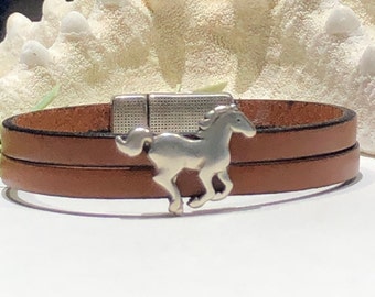 Bracelet - Horse Slider Cuff Bracelet-Running Horse on Brown Flat Leather Magnetic Clasp-Horse on Double Strand Leather-Wrist Size 7