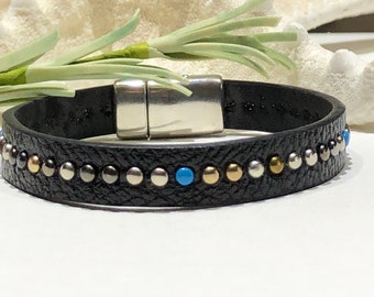 Bracelet - Vegan Nappa Leather Studded Cuff Bracelet-10mm Black Vegan Flat Leather With Multi-Color Studs Magnetic Clasp-Wrist Size 7-Boho