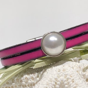 Pink Leather Boho Cuff Bracelet: White Pearl Slider, Magnetic Clasp