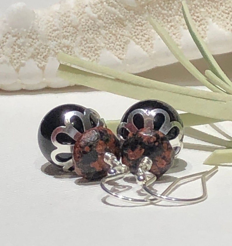 Earrings-Black Pearl Mexican Red Snowflake Jasper Gemstone Sterling Silver Ear Wires-Black Clay Red Short Drop Dangle-Just Over One Inch-Her