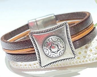 Cuff Bracelet - Square Antique Silver Tribal Slider Focal Bead on Brown Flat Leather Mixed With Light Brown Round Cord-Multi-Cord Cuff-Boho