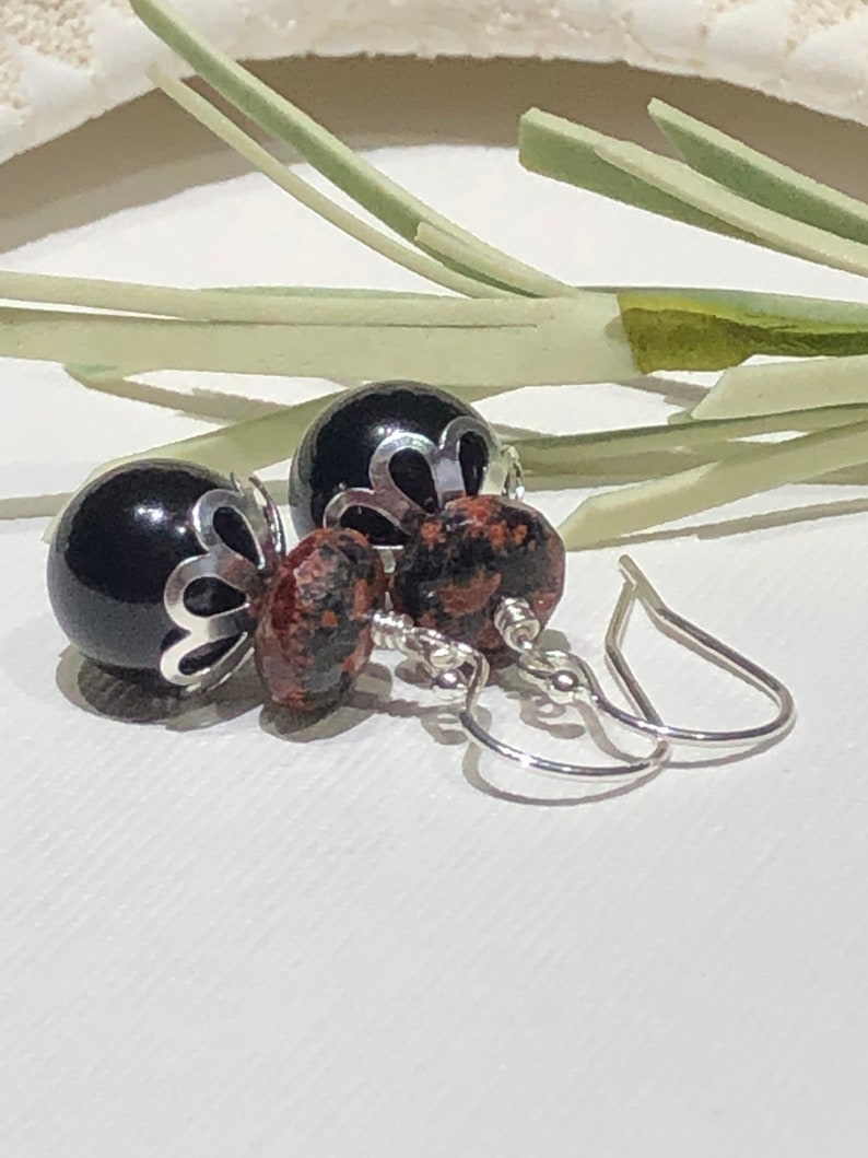 Earrings-Black Pearl Mexican Red Snowflake Jasper Gemstone Sterling Silver Ear Wires-Black Clay Red Short Drop Dangle-Just Over One Inch-Her