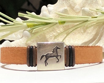 Bracelet-10mm Buckskin Tan Flat Leather-Running Jumping Horse Square Slider Cuff-Unisex Cowboy Western Leather Bracelet-Boho Horse Jewelry