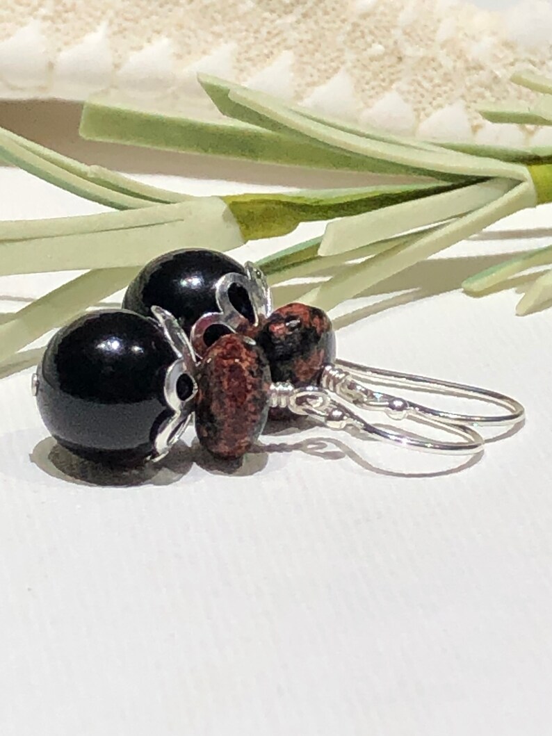Earrings-Black Pearl Mexican Red Snowflake Jasper Gemstone Sterling Silver Ear Wires-Black Clay Red Short Drop Dangle-Just Over One Inch-Her
