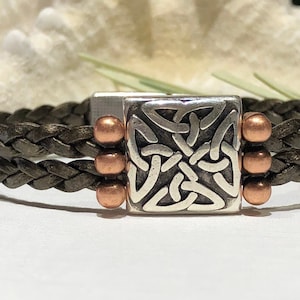 Bracelet-Antiqued Silver Square Celtic Trinity Slider Copper Dotted Slider Bars Doubled 5mm Metallic Bronze Braided Flat Leather-Boho-Cuff