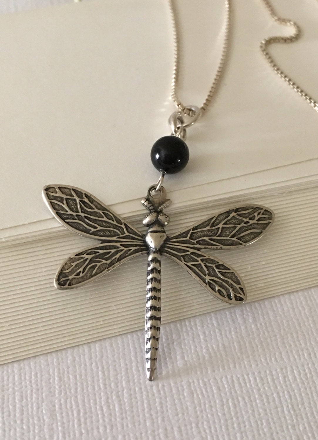 Necklace-Dragonfly Pendant-Sterling Silver Box Chain-Black | Etsy