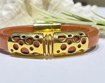 Bracelet - Regaliz Licorice Leather Bracelet With Gold Circle Slider Bars-Gold Magnetic Clasp-Regaliz Licorice Leather Cuff-Wrist Size 6 1/2