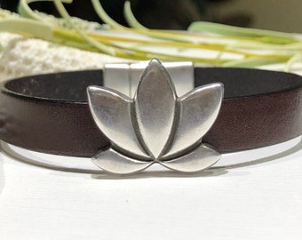 Bracelet-Lotus Flower Slider Cuff Bracelet-Dark Brown Flat Leather Bracelet-Magnetic Clasp-Bohemian Boho Leather Cuff-Yoga-Patience-Grounded