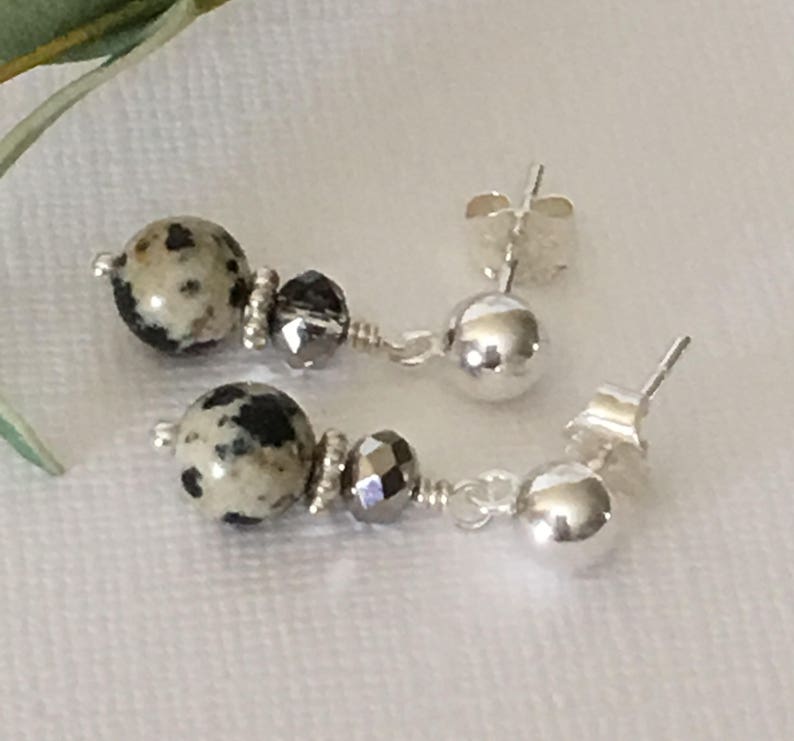 Earrings-Spotted Dalmation Jasper Earrings-Short Drop Dangle Post Earrings-Gemstones on Sterling-Less Than One Inch-Beige and Black Earrings