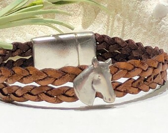 Bracelet - Horse Head Focal Slider on Double Strand Brown Braided Flat Leather With Magnetic Clasp-Bracelet Size 7 Inches-Equestrian Jewelry