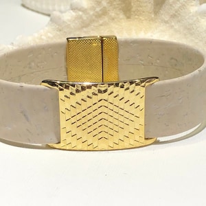 White Cork Cuff Bracelet: Gold Diamond Slider, Vegan Boho Jewelry