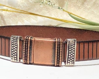 Unisex-Bracelet-Brown Flat Leather Size 8 Cuff Bracelet With Focal Magnetic Clasp-Brown and Copper Men's Man Leather Cuff Bracelet-Him-Her