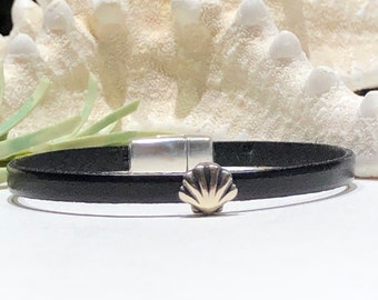 Bracelet - Mini Clam Shell Slider Focal on 5mm Black Flat Leather-Magnetic Clasp-Beach Jewelry-Minimalist-Boho Bohemian-Layering Bracelet
