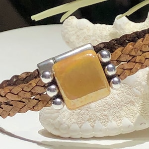 Bracelet-Square Ceramic Slider Double Strand Braided Brown Flat Leather-Boho Magnetic Cuff Wrist Size 7-Metallic Caramel Square Focal Cuff