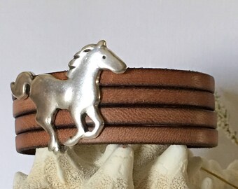 Bracelet-Multi Strand Wide Cuff-Vintage Whiskey Brown-Silver Zamak Greek Cast Running Horse-Equestrian Jewelry-Horse Lover-Size 7-Boho Chic