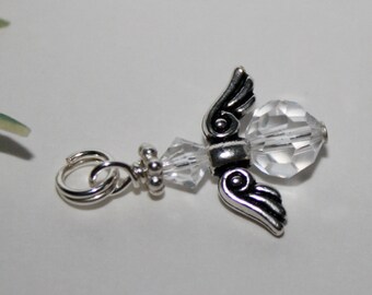 April-Clear Crystal Angel Charm-Birthstone Angel-Remembrance Charm-April Clear Swarovski Crystal Angel-Necklace Charm Holder-Guardian Angel