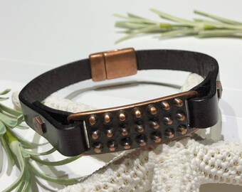 Bracelet-Men's Riveted Flat Leather Bracelet-Brown Flat Cord-ID Antiqued Copper Bar Focal-Magnetic Clasp-Size 9-Masculine-For Him-Unisex