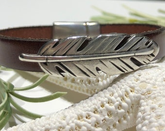 Bracelet - Silver Feather on Flat Leather Cord-Detailed Silver Feather Focal on 10mm Flat Leather Magnetic Clasp-Unisex Leather Bracelet