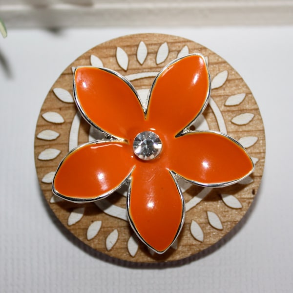 Pin-Brooch-Broach-Natural Wood Pin-Organic-Sunflower Enameled Pin-Orange-Rhinestone-Enameled Flower Pin-Scarf Pin-Fashion Pin-Accessory