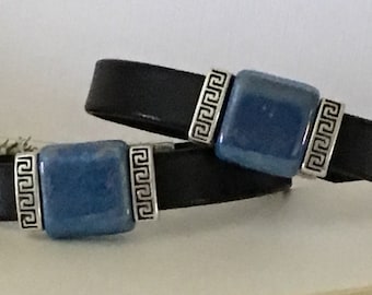 Bracelet-Beaded Cuff-Black Flat Leather Cord-Thin-Metallic Cobalt Blue Focal-Greek Casting Ceramic-Zamak-Magnetic-Boho Jewelry-Small Wrist