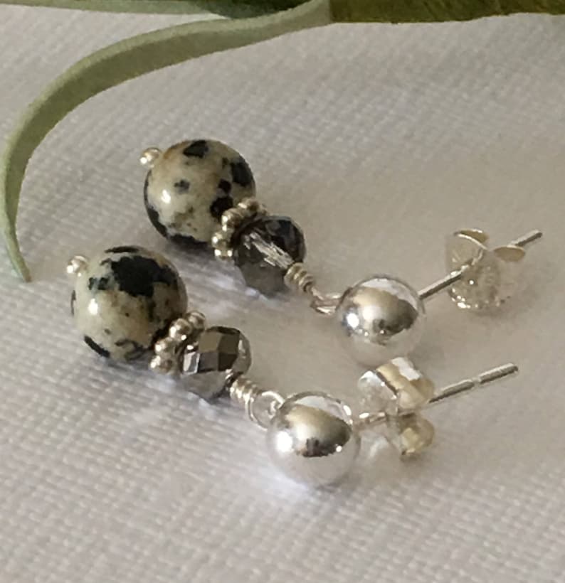 Earrings-Spotted Dalmation Jasper Earrings-Short Drop Dangle Post Earrings-Gemstones on Sterling-Less Than One Inch-Beige and Black Earrings