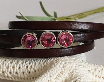 Bracelet-Triple Wrap Leather Cuff-Triple Wrap Flat Leather With Magnetic Clasp-Rose Swarovski Crystal Sliders-Boho Jewelry-October Birthday