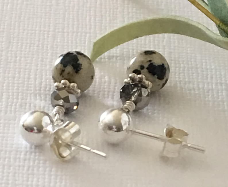 Earrings-Spotted Dalmation Jasper Earrings-Short Drop Dangle Post Earrings-Gemstones on Sterling-Less Than One Inch-Beige and Black Earrings